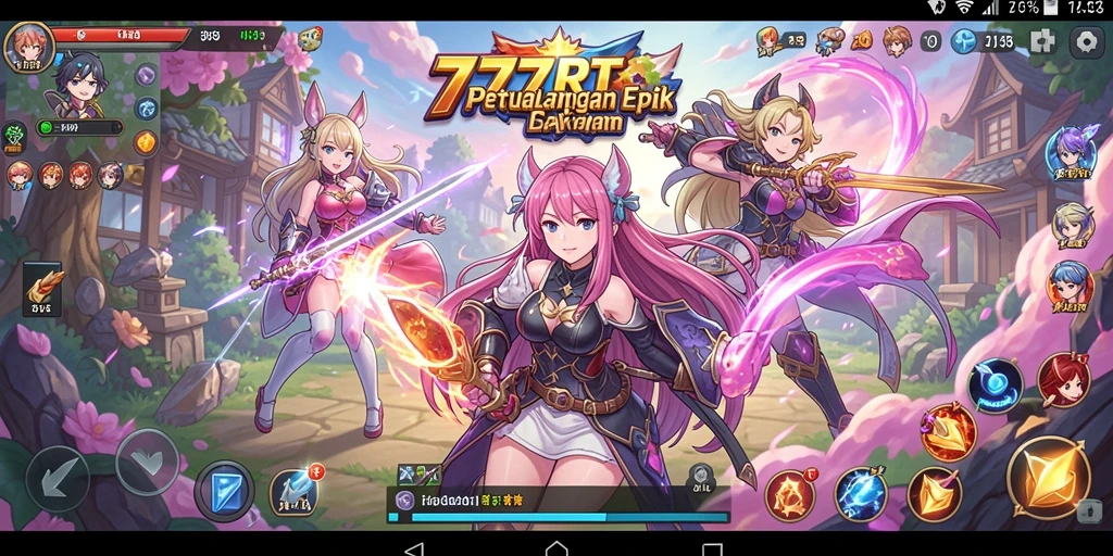 Screenshot dari gameplay <strong>777RT</strong> yang menunjukkan aksi karakter anime di medan pertempuran.