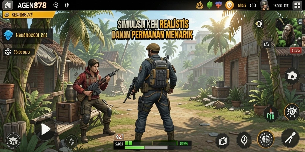 Screenshot gameplay AGEN878 menampilkan interaksi karakter dalam simulasi kehidupan.