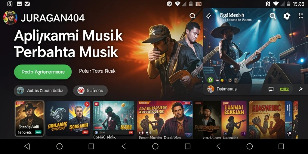 Tangkapan layar JURAGAN404 menampilkan antarmuka menarik dengan koleksi lagu.
