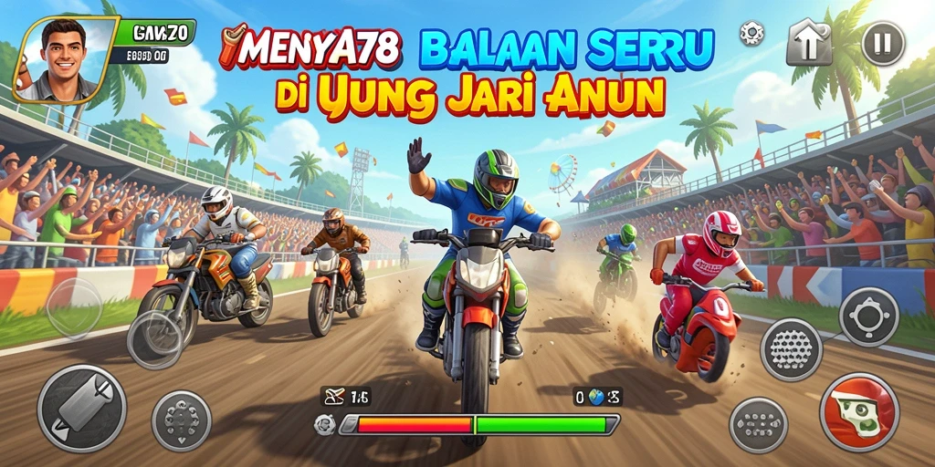 Tampilan seru dari gameplay MENYALA78 saat berlomba di jalur balap.