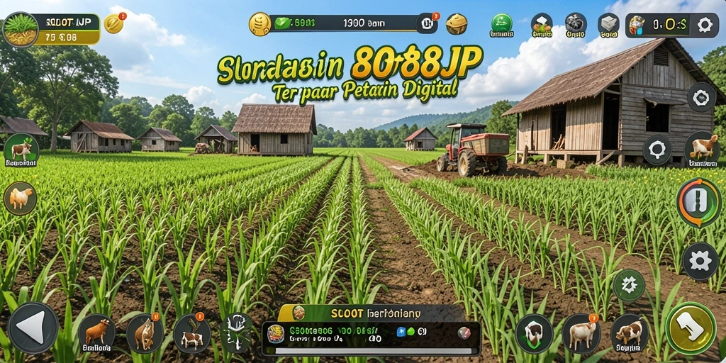 Screenshot dari gameplay SLOT88JP yang menampilkan taman yang indah dan hewan ternak.